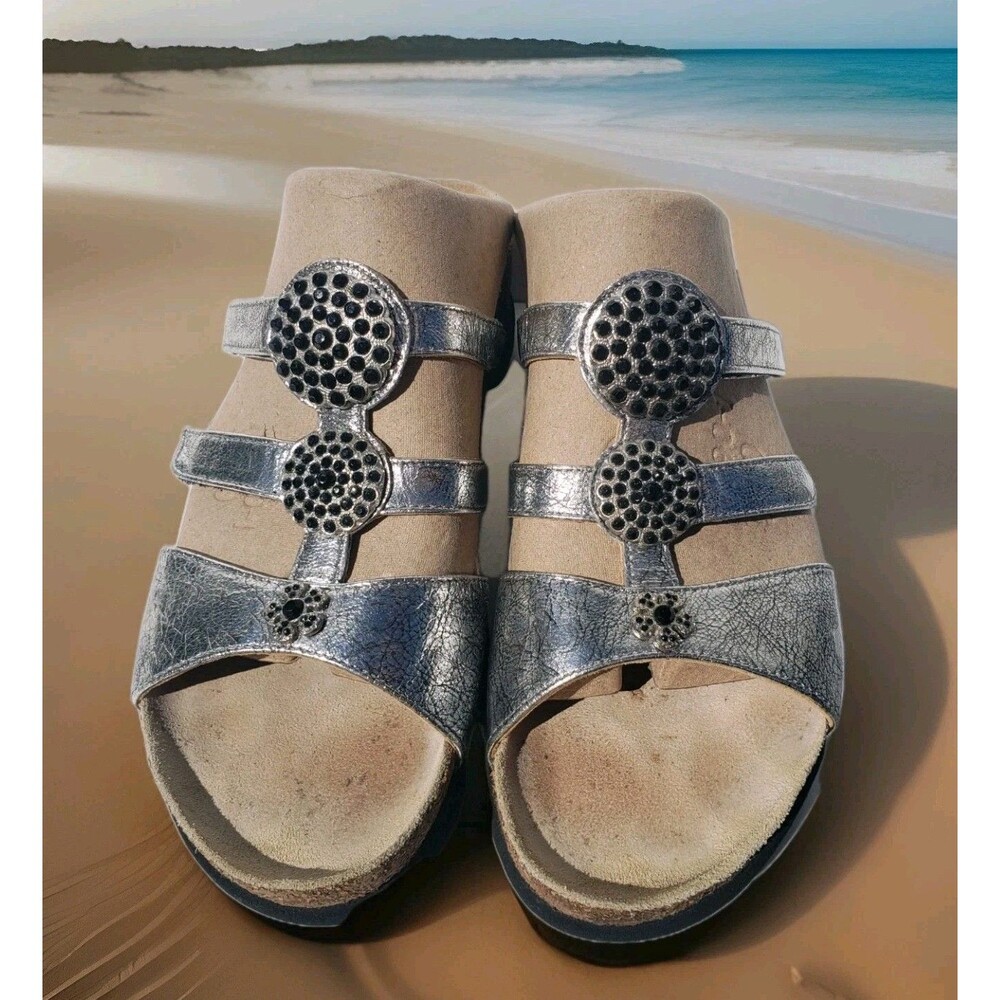 Sz 8- Mephisto Air Relax Open Toe Slide Wedge Cork Sandals Metallic Jewels Women